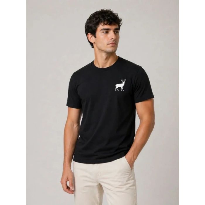 Erkek Minimal Geyik Logolu Tişört Bisiklet Yaka Kısa Kol Yazlık T-Shirt - Siyah