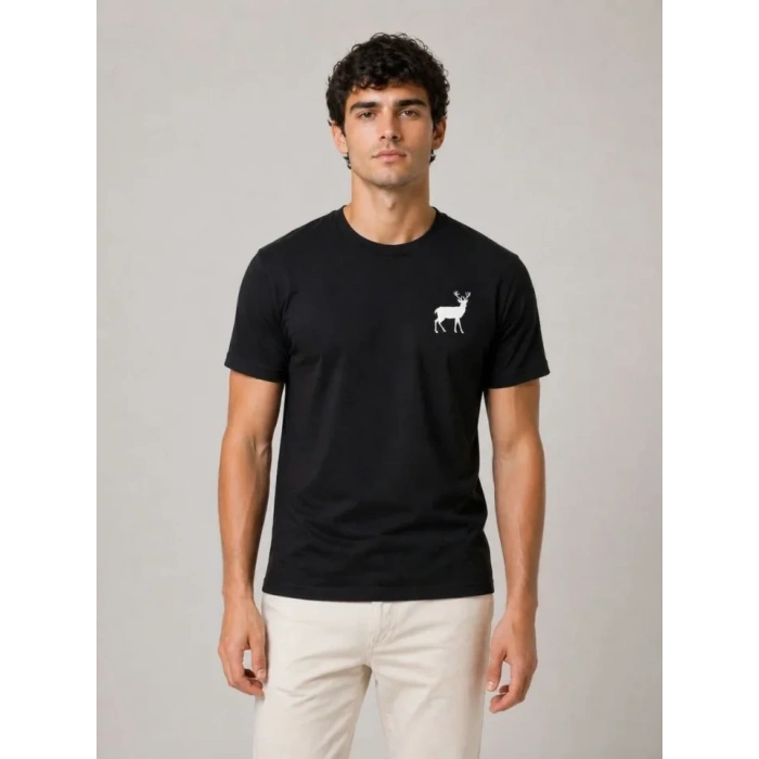 Erkek Minimal Geyik Logolu Tişört Bisiklet Yaka Kısa Kol Yazlık T-Shirt - Siyah
