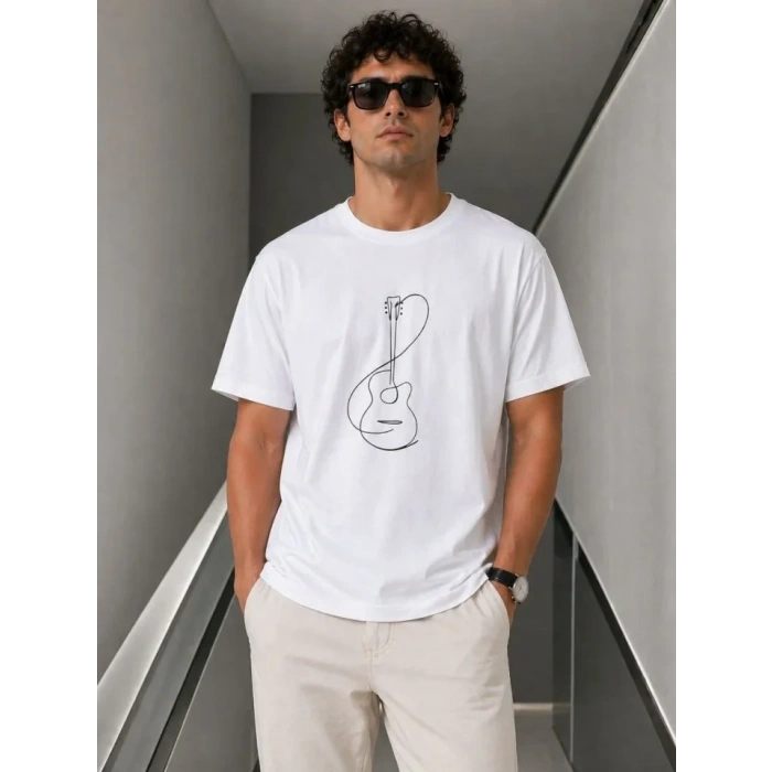Erkek Minimal Gitar Baskılı Tişört T-Shirt Yazlık Kısa Kol Bisiklet Yaka T-Shirt - Beyaz