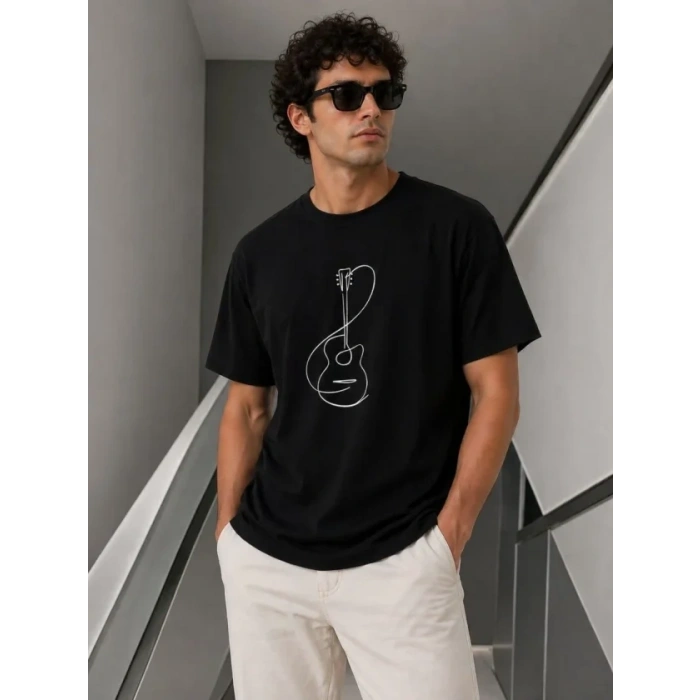 Erkek Minimal Gitar Baskılı Tişört T-Shirt Yazlık Kısa Kol Bisiklet Yaka T-Shirt - Siyah