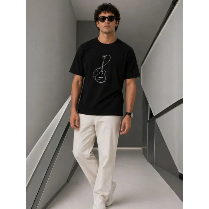 Erkek Minimal Gitar Baskılı Tişört T-Shirt Yazlık Kısa Kol Bisiklet Yaka T-Shirt - Siyah