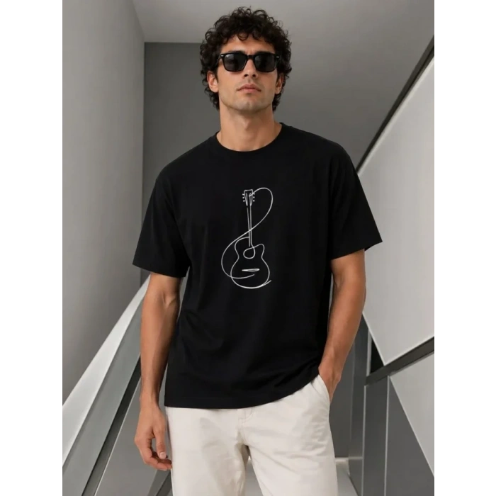 Erkek Minimal Gitar Baskılı Tişört T-Shirt Yazlık Kısa Kol Bisiklet Yaka T-Shirt - Siyah