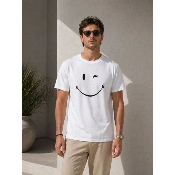 Erkek Minimal Gülümseyen Yüz Baskılı Tişört Kısa Kol Yazlık T-Shirt - Beyaz