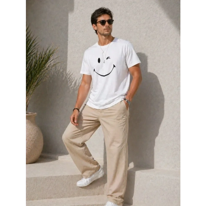 Erkek Minimal Gülümseyen Yüz Baskılı Tişört Kısa Kol Yazlık T-Shirt - Beyaz