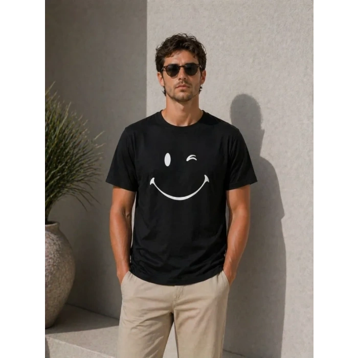 Erkek Minimal Gülümseyen Yüz Baskılı Tişört Kısa Kol Yazlık T-Shirt - Siyah