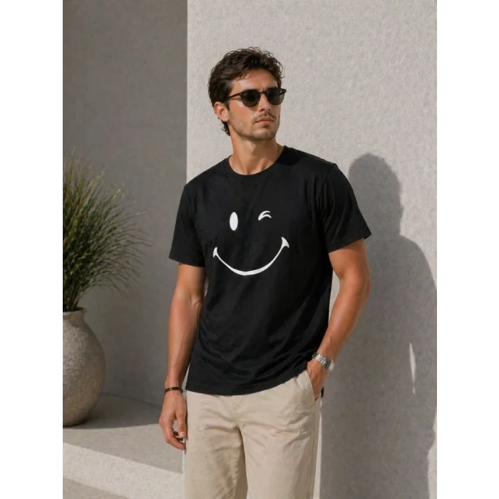 Erkek Minimal Gülümseyen Yüz Baskılı Tişört Kısa Kol Yazlık T-Shirt - Siyah