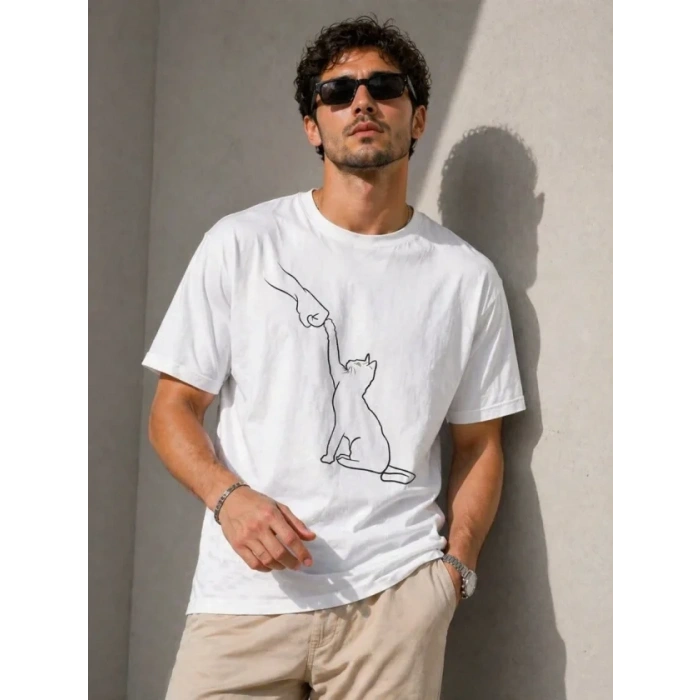 Erkek Minimal Kedi Çizim Baskılı Tişört Kısa Kol Yazlık T-Shirt - Beyaz