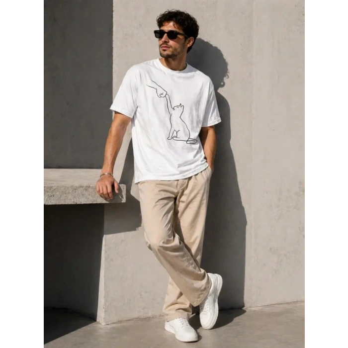Erkek Minimal Kedi Çizim Baskılı Tişört Kısa Kol Yazlık T-Shirt - Beyaz