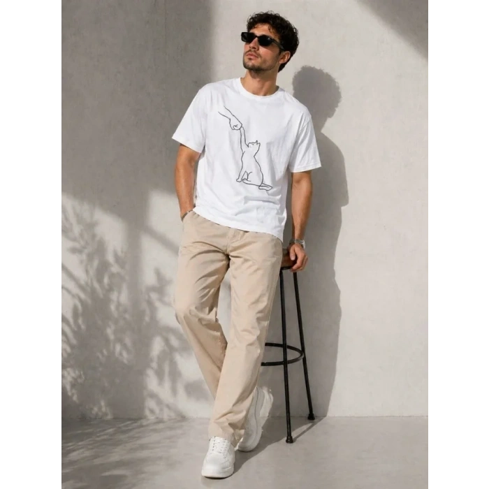 Erkek Minimal Kedi Çizim Baskılı Tişört Kısa Kol Yazlık T-Shirt - Beyaz