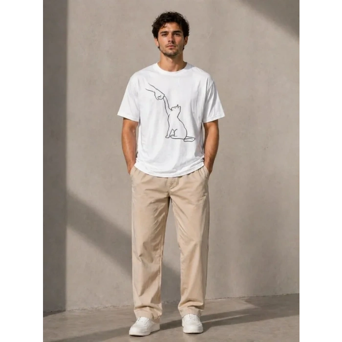 Erkek Minimal Kedi Çizim Baskılı Tişört Kısa Kol Yazlık T-Shirt - Beyaz