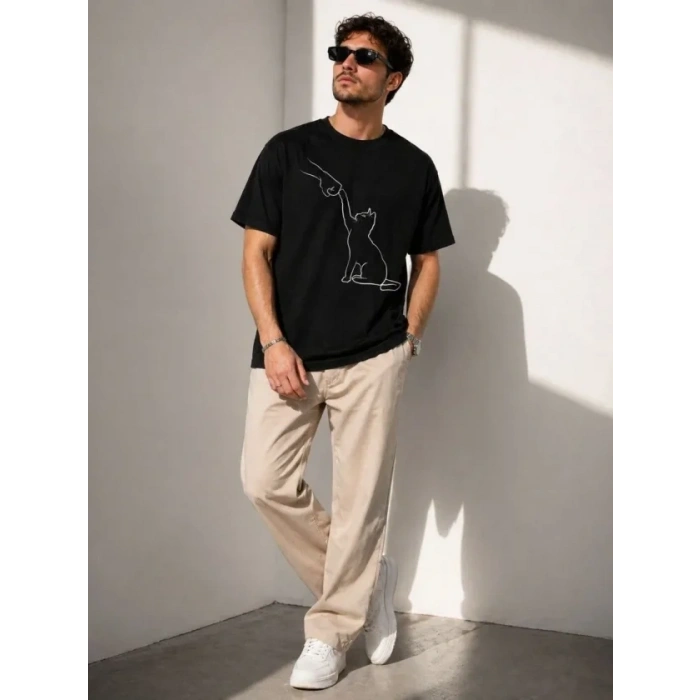 Erkek Minimal Kedi Çizim Baskılı Tişört Kısa Kol Yazlık T-Shirt - Siyah