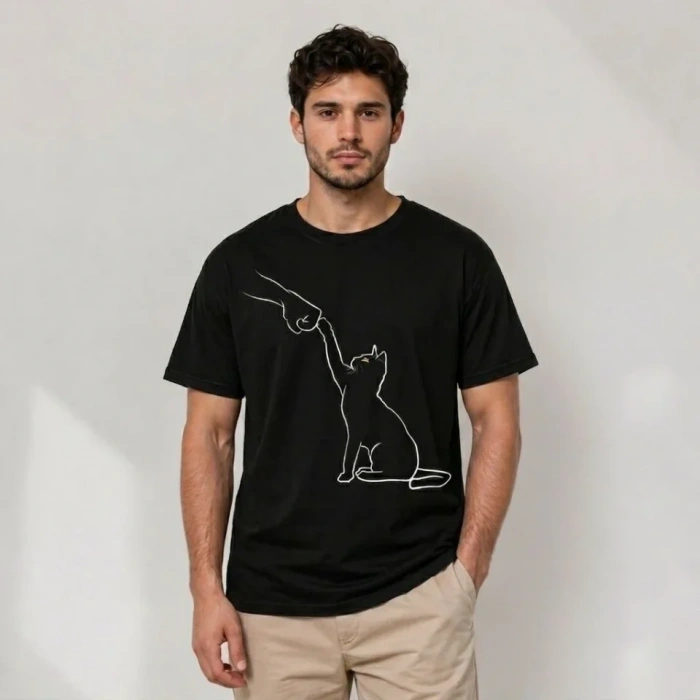 Erkek Minimal Kedi Çizim Baskılı Tişört Kısa Kol Yazlık T-Shirt - Siyah