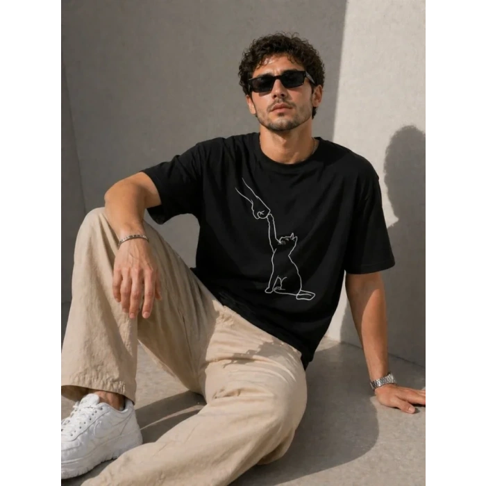 Erkek Minimal Kedi Çizim Baskılı Tişört Kısa Kol Yazlık T-Shirt - Siyah
