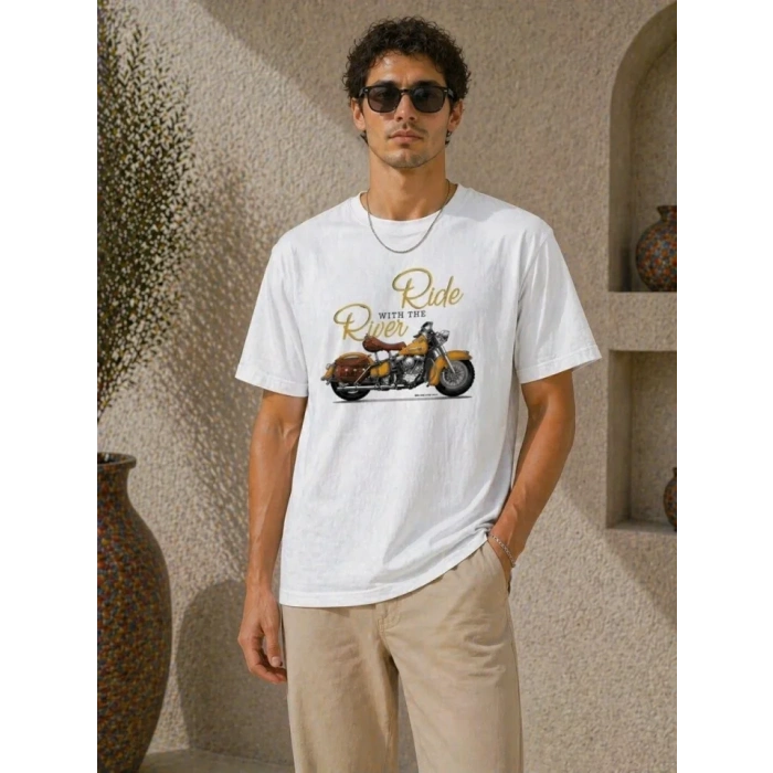 Erkek Motosiklet Baskılı Tişört Bisiklet Yaka Kısa Kol Yazlık T-Shirt - Beyaz