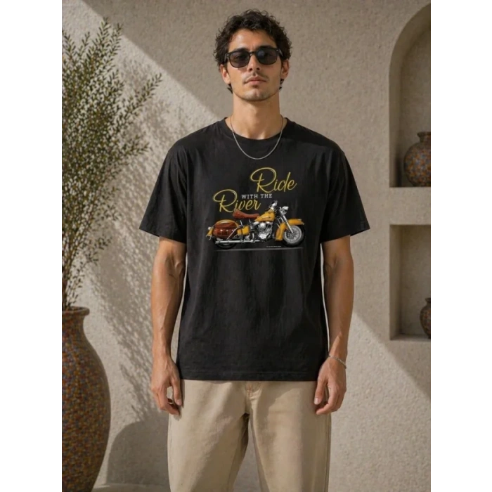 Erkek Motosiklet Baskılı Tişört Bisiklet Yaka Kısa Kol Yazlık T-Shirt - Siyah
