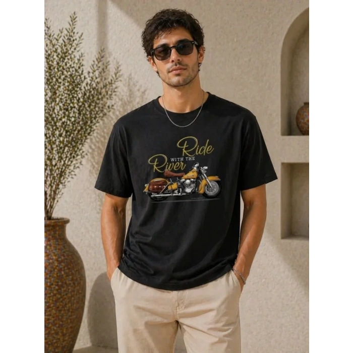 Erkek Motosiklet Baskılı Tişört Bisiklet Yaka Kısa Kol Yazlık T-Shirt - Siyah