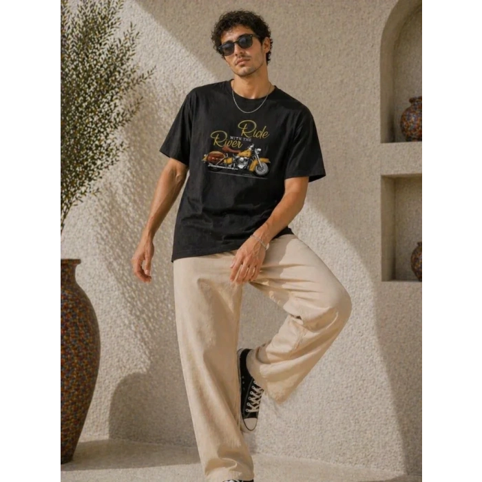 Erkek Motosiklet Baskılı Tişört Bisiklet Yaka Kısa Kol Yazlık T-Shirt - Siyah