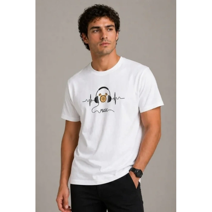 Erkek Müzik Temalı Baskılı Tişört Bisiklet Yaka Kısa Kol T-Shirt - Beyaz