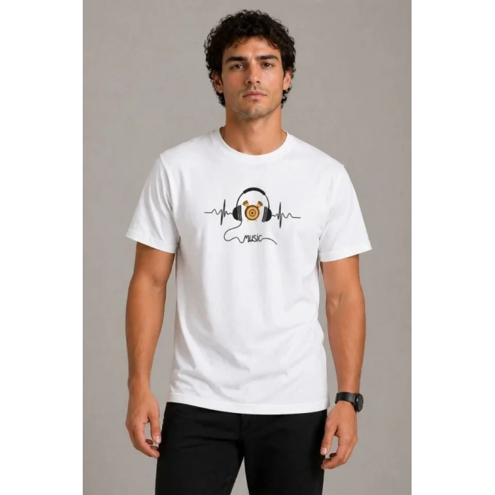 Erkek Müzik Temalı Baskılı Tişört Bisiklet Yaka Kısa Kol T-Shirt - Beyaz