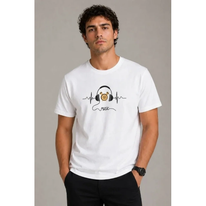 Erkek Müzik Temalı Baskılı Tişört Bisiklet Yaka Kısa Kol T-Shirt - Beyaz