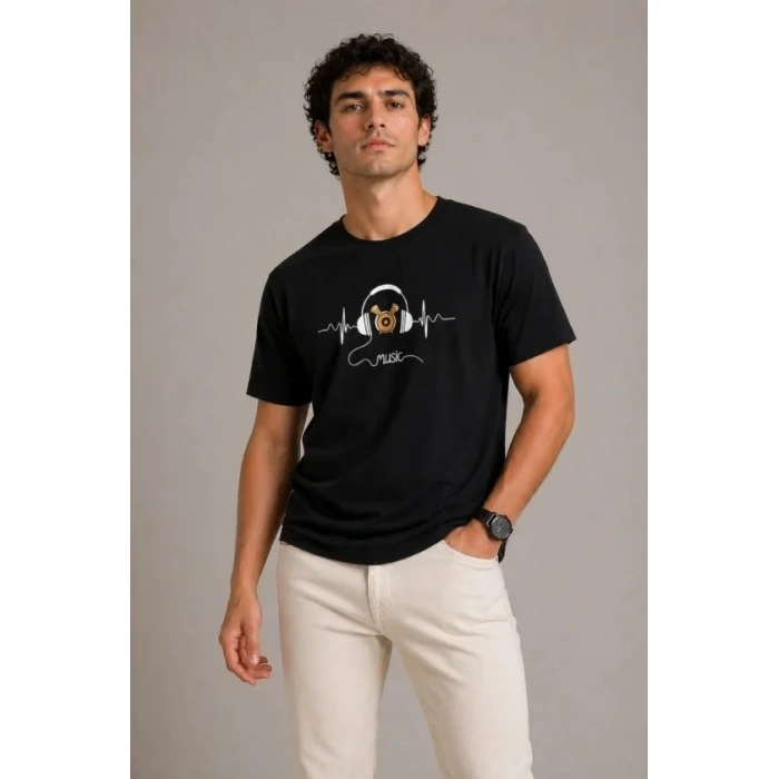 Erkek Müzik Temalı Baskılı Tişört Bisiklet Yaka Kısa Kol T-Shirt - Siyah