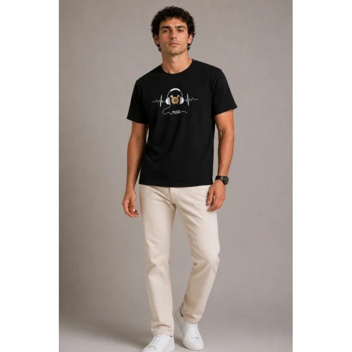 Erkek Müzik Temalı Baskılı Tişört Bisiklet Yaka Kısa Kol T-Shirt - Siyah