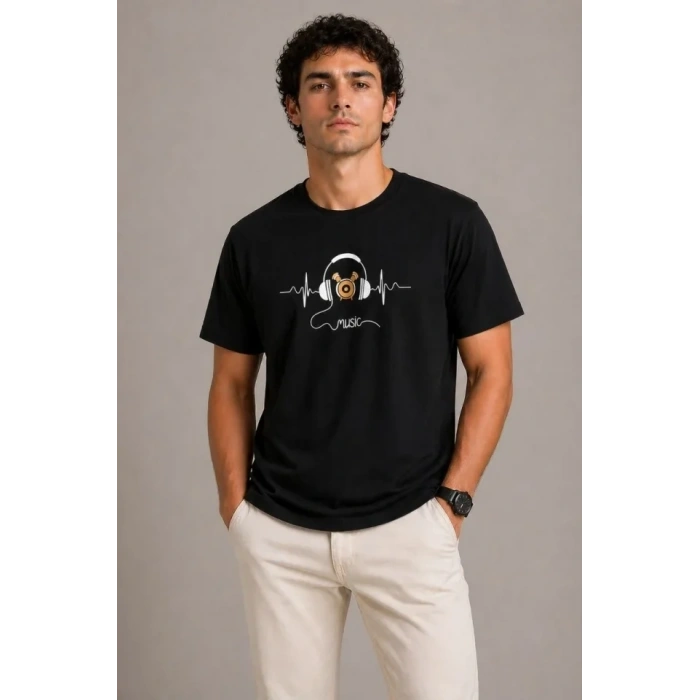 Erkek Müzik Temalı Baskılı Tişört Bisiklet Yaka Kısa Kol T-Shirt - Siyah