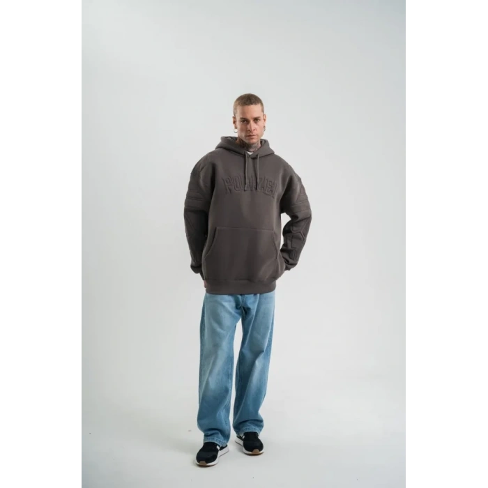 Erkek Nakış İşlemeli Kapşonlu Antrasit Sweatshirt Üç İplik Double Oversize- Füme