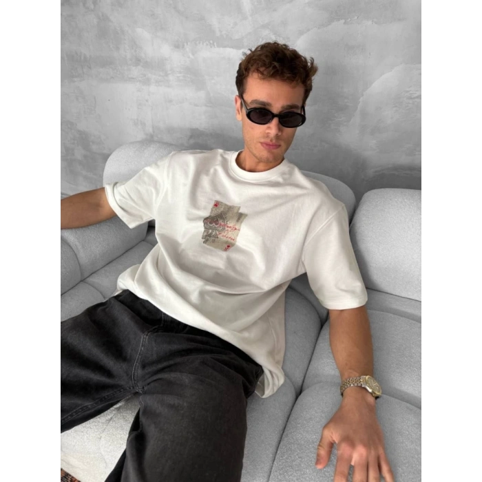 Erkek Ön Ve Arka Baskılı Oversize Bisiklet Yaka T-shirt - Beyaz