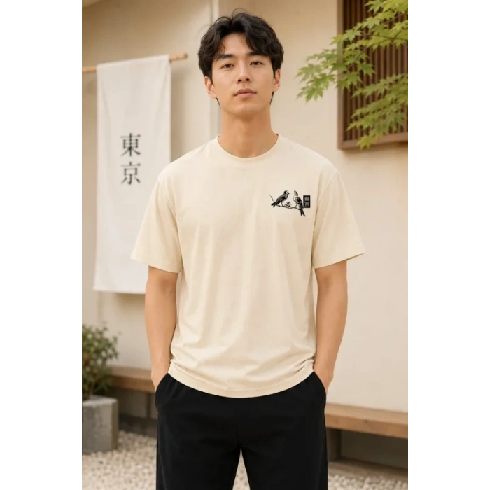 Erkek Ön Ve Arka Tokyo Kuş Çiçek Baskılı Oversize T-Shirt - Ekru