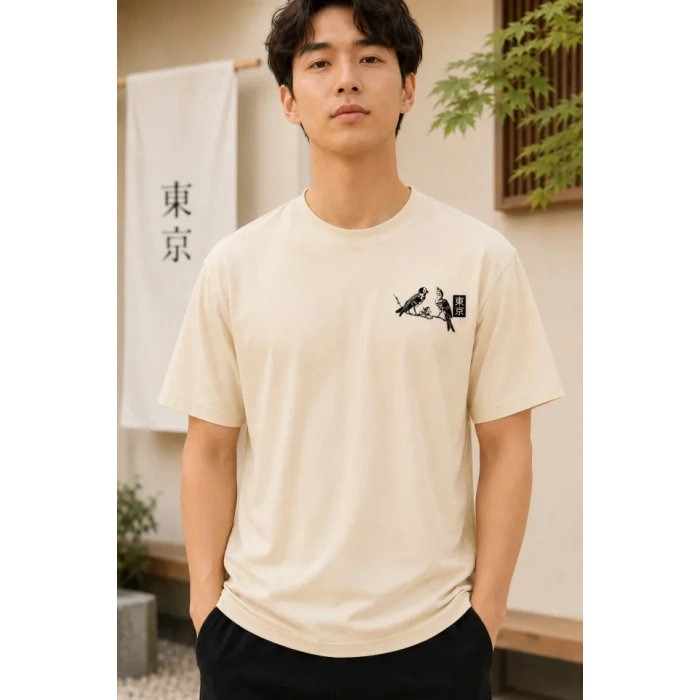 Erkek Ön Ve Arka Tokyo Kuş Çiçek Baskılı Oversize T-Shirt - Ekru