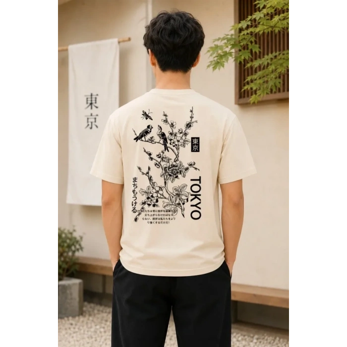 Erkek Ön Ve Arka Tokyo Kuş Çiçek Baskılı Oversize T-Shirt - Ekru