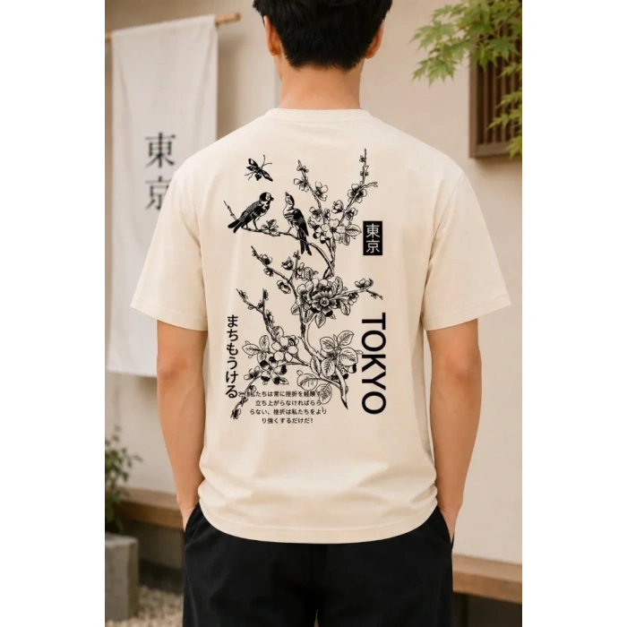 Erkek Ön Ve Arka Tokyo Kuş Çiçek Baskılı Oversize T-Shirt - Ekru