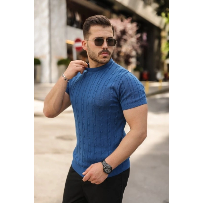 Erkek Örgü Desen Bisiklet Yaka Triko Tişört - %100 Pamuk Akrilik