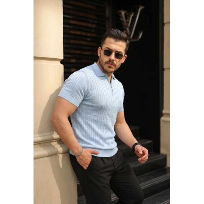 Erkek Örgü Desen Fermuar Yakalı Triko Tişört