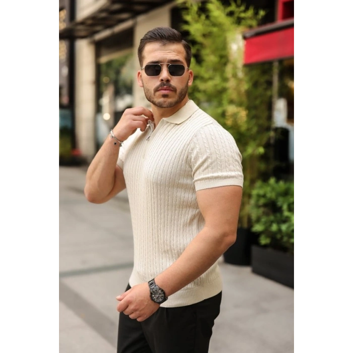 Erkek Örgü Desen Fermuar Yakalı Triko Tişört