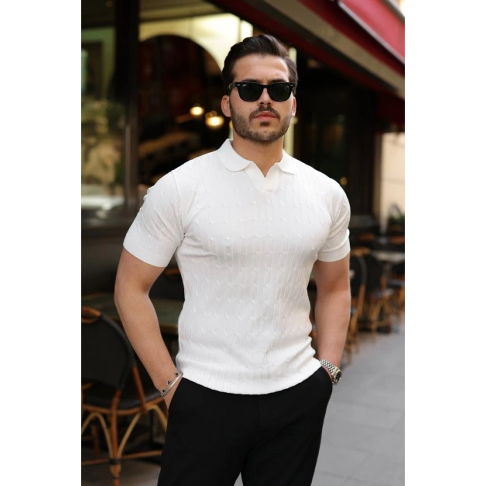 Erkek Örgü Desen Yakalı Kısa Kollu Triko Tişört