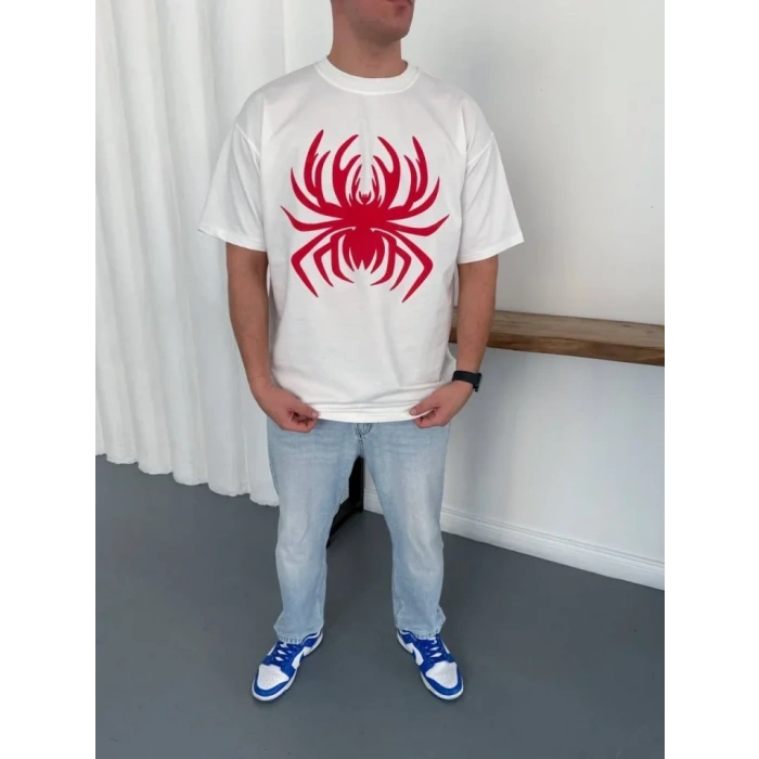 Erkek Örümcek Baskılı Tişört Kısa Kollu Bisiklet Yaka T-Shirt - Beyaz