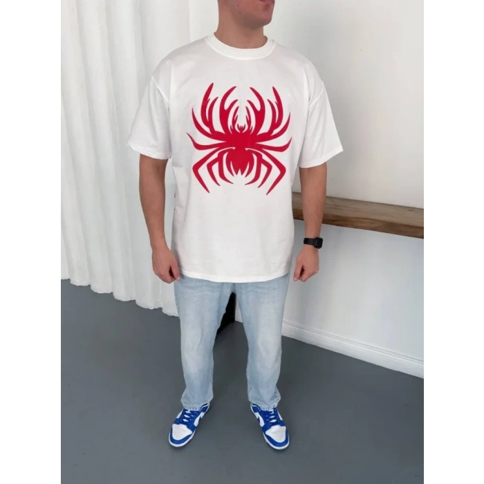 Erkek Örümcek Baskılı Tişört Kısa Kollu Bisiklet Yaka T-Shirt - Beyaz