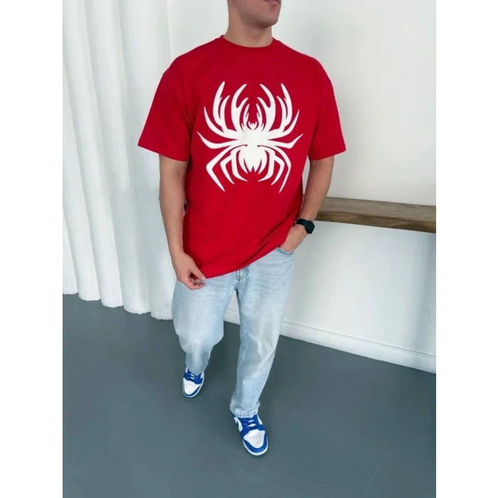 Erkek Örümcek Baskılı Tişört Kısa Kollu Bisiklet Yaka T-Shirt - Kırmızı