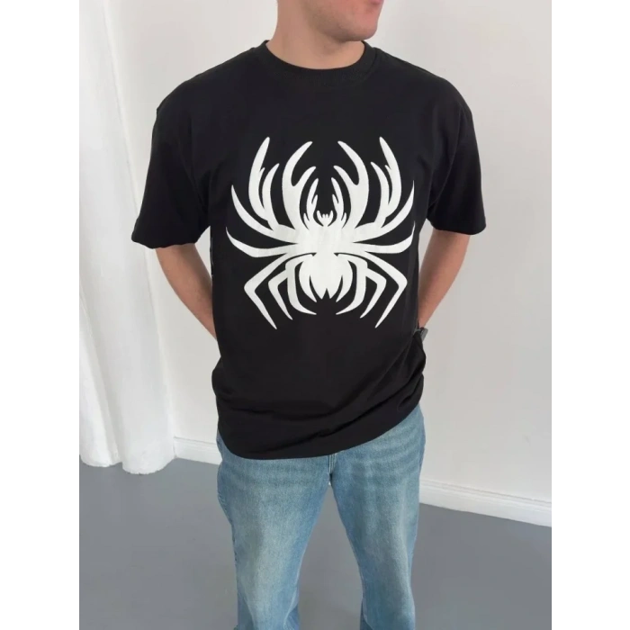 Erkek Örümcek Baskılı Tişört Kısa Kollu Bisiklet Yaka T-Shirt - Siyah