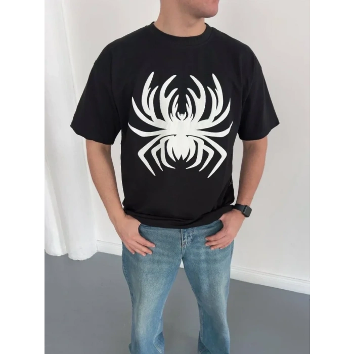 Erkek Örümcek Baskılı Tişört Kısa Kollu Bisiklet Yaka T-Shirt - Siyah