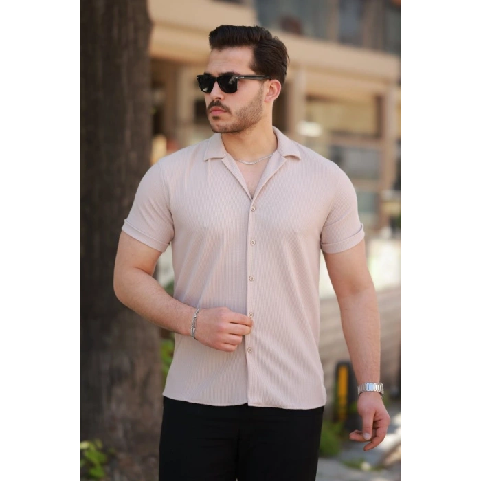 Erkek Ottoman Kumaş Apaj Yaka Kısa Kollu Gömlek