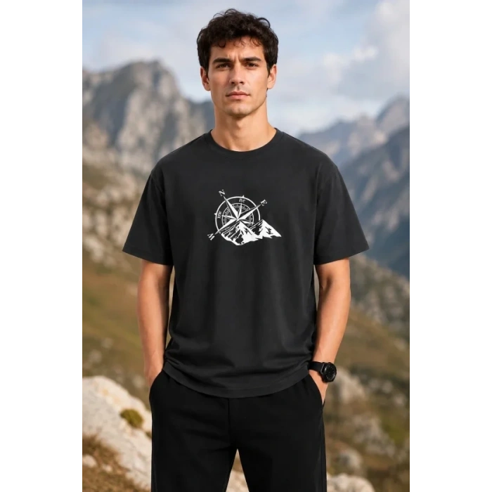 Erkek Outdoor Pusula Dağ Baskılı Kısa Kollu Oversize T-Shirt - Siyah