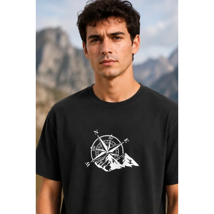 Erkek Outdoor Pusula Dağ Baskılı Kısa Kollu Oversize T-Shirt - Siyah