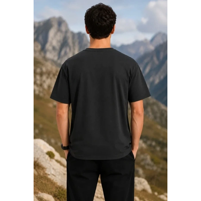 Erkek Outdoor Pusula Dağ Baskılı Kısa Kollu Oversize T-Shirt - Siyah