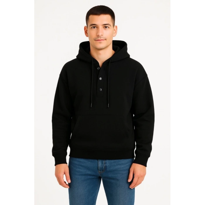 Erkek Ovarsize Kapüşonlu Swetshirt Kanguru Çepli Cıtcıtlı 3 Iplik Şardonlu Hoodie - Siyah