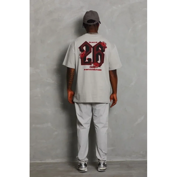 ERKEK Oversize Baskılı Bisiklet Yaka T-Shirt - Gri