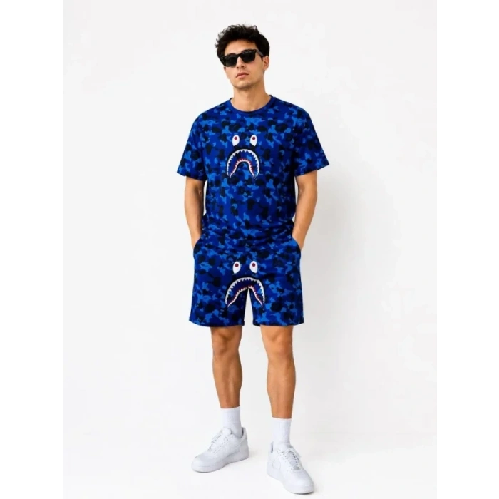 Erkek Oversize Kalıp Pubg Bape X Shark Nakışlı Cepli Şort Takım - Mavi