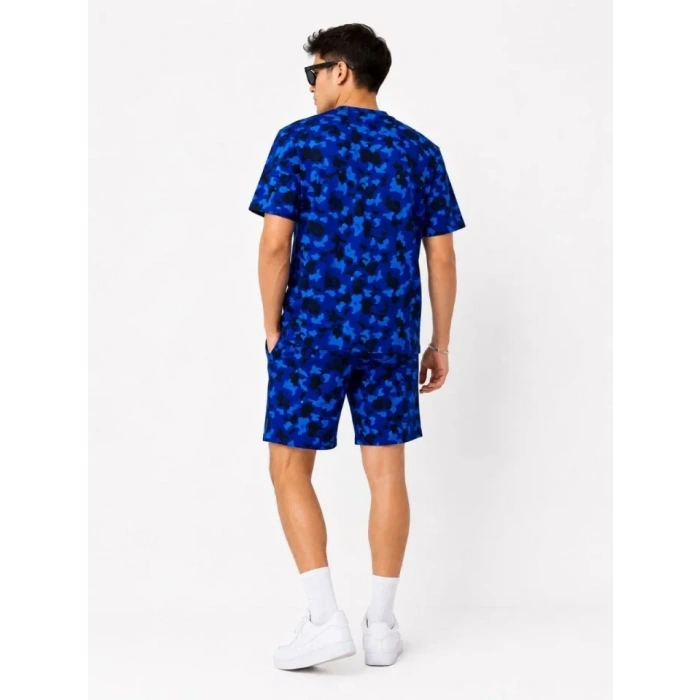 Erkek Oversize Kalıp Pubg Bape X Shark Nakışlı Cepli Şort Takım - Mavi